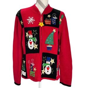Vintage‎ Beaded Ugly Christmas Sweater Jacket Full Zip Cardigan Patchwork Large